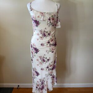 Purple White Floral Midi Asymmetrical Ruffled Hem Caution to the Wind Dress Med